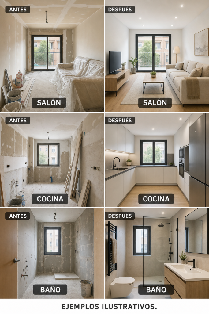 Ejemplos ilustrativos: salón con sofá, cocina y baño durante la reforma y después de terminarla, antes a la izquierda y después a la derecha.